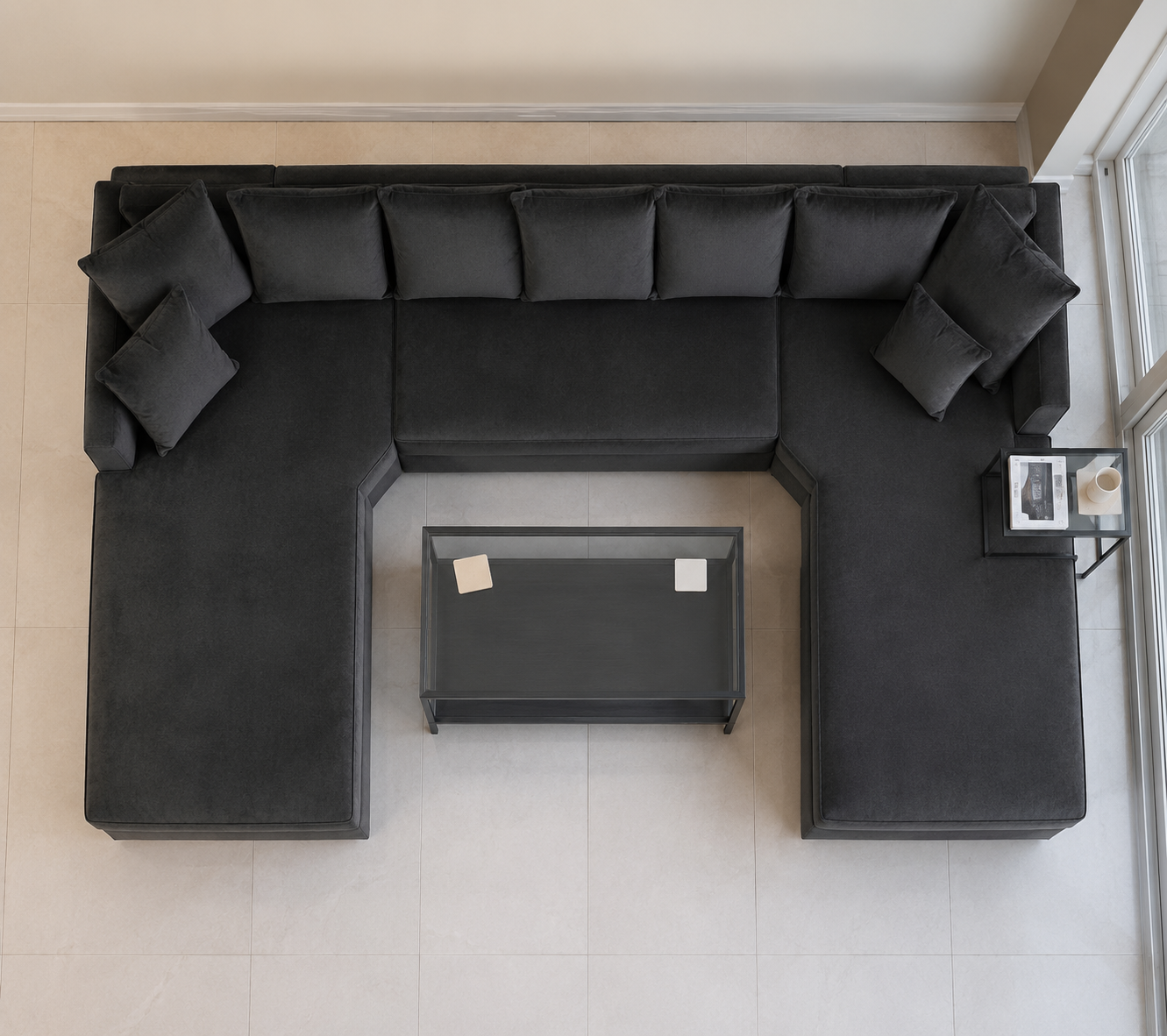 U Shape Sofa – Black Plush Velvet Sofa - Image 4