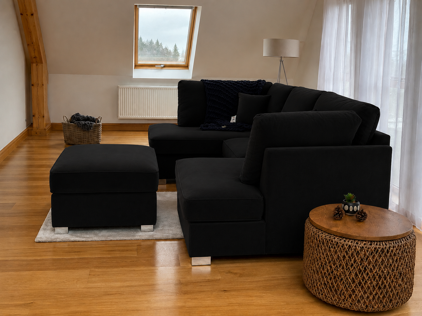U Shape Sofa – Black Plush Velvet Sofa - Image 3