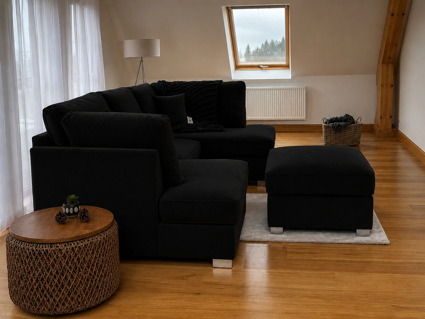 U Shape Sofa – Black Plush Velvet Sofa - Image 2