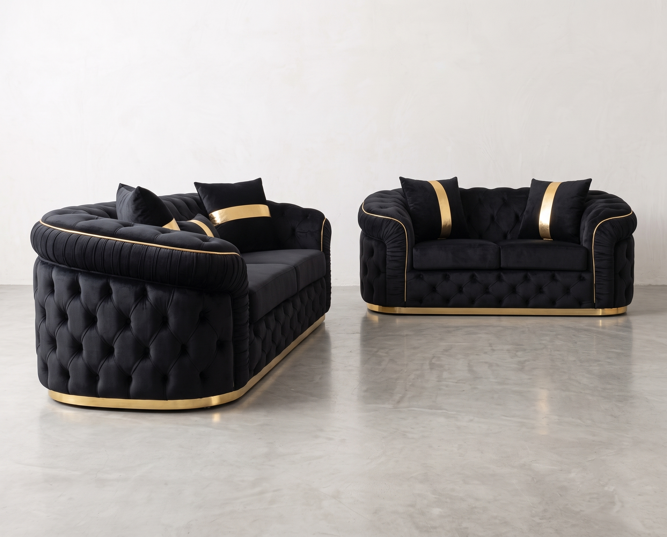 Khalifa Chesterfield Sofa Set Black (3+2 Seater) with Gold Stripes - Image 4