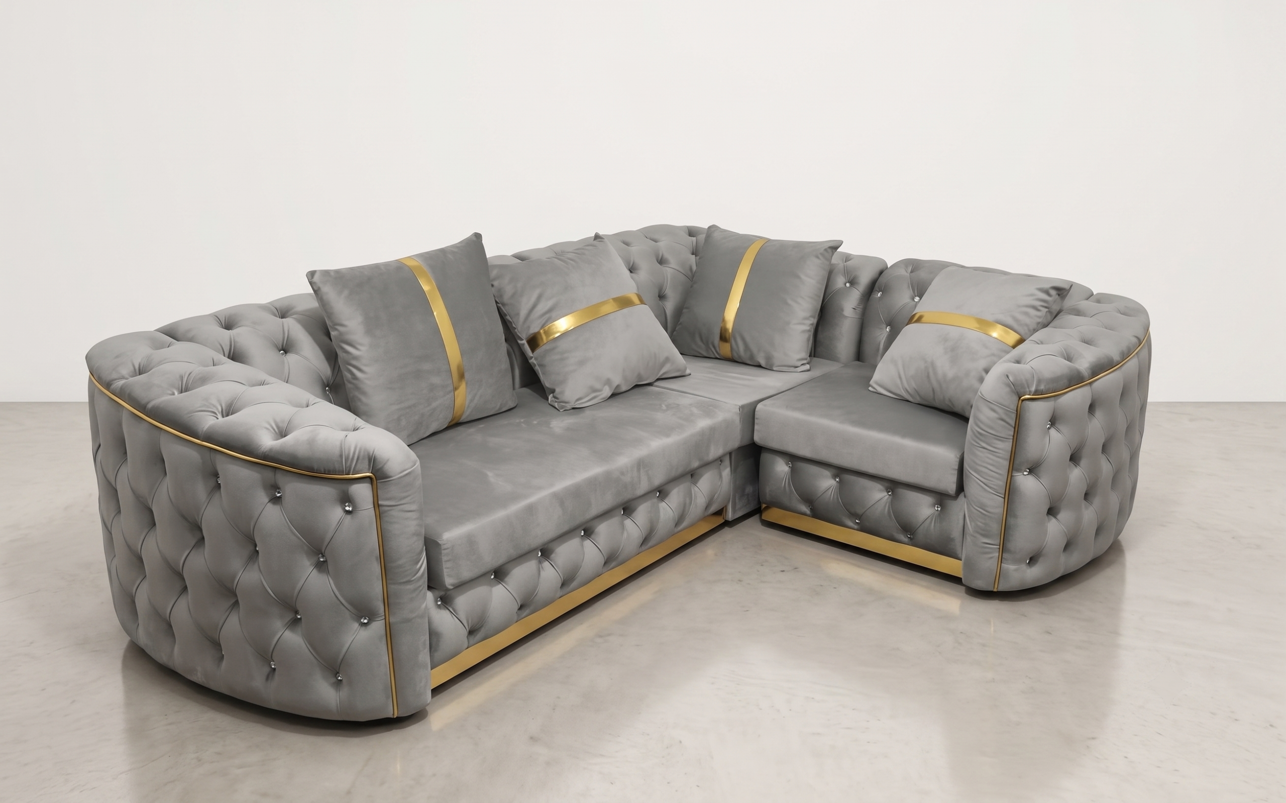 Khalifa Chesterfield Sofa Set Silver Velvet with Gold Stripes