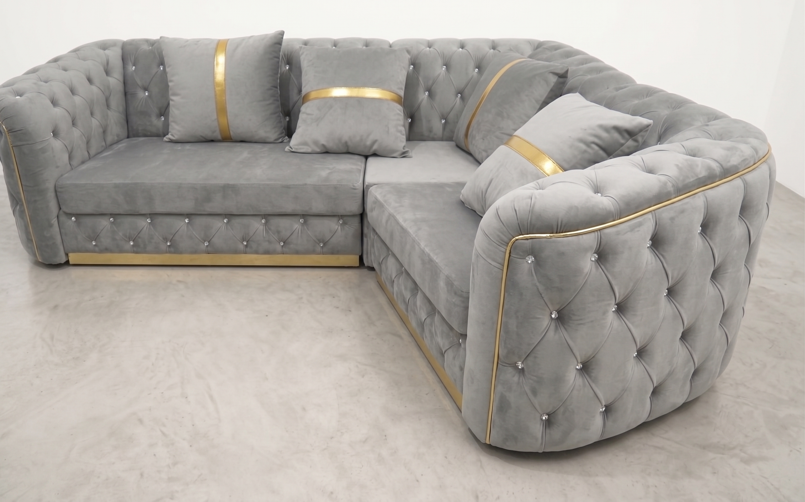 Khalifa Chesterfield Sofa Set Silver Velvet with Gold Stripes - Image 2