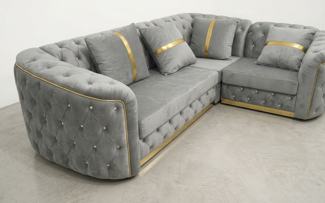 Khalifa Chesterfield Sofa Set Silver Velvet with Gold Stripes - Image 3