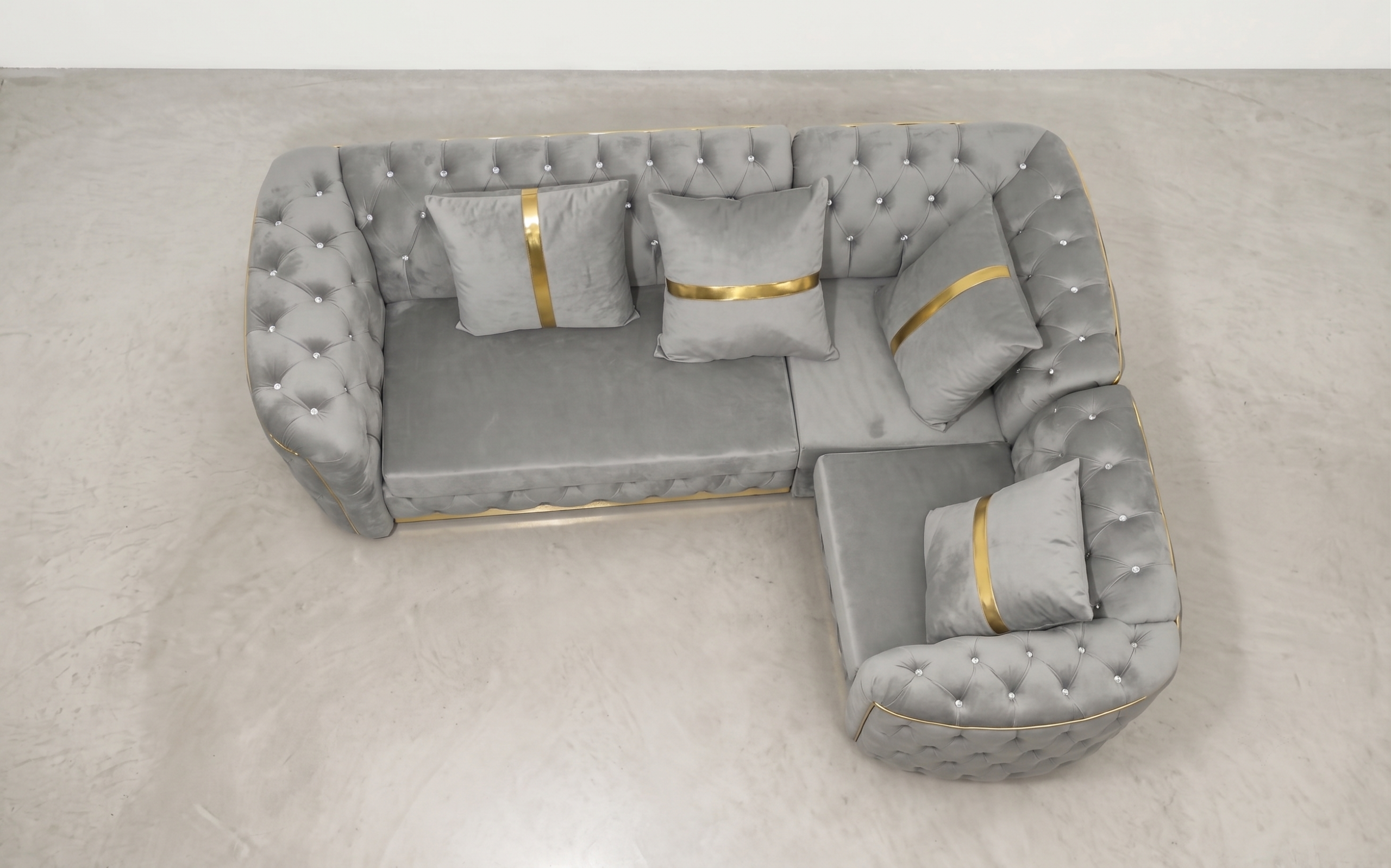 Khalifa Chesterfield Sofa Set Silver Velvet with Gold Stripes - Image 4