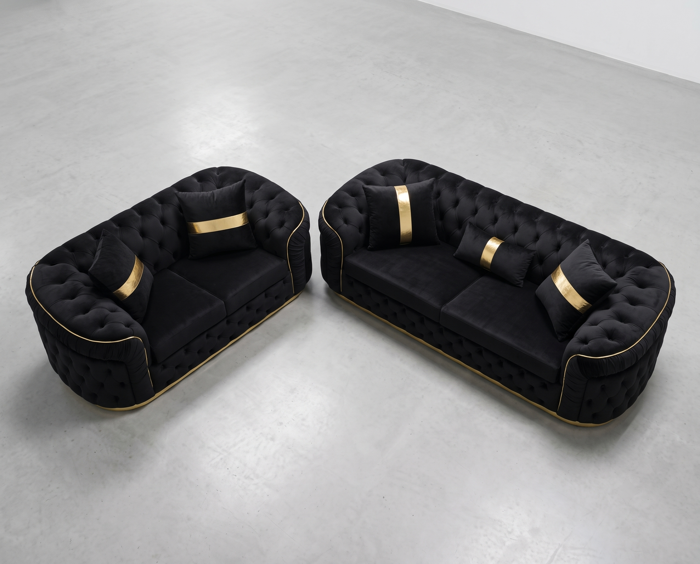 Khalifa Chesterfield Sofa Set Black (3+2 Seater) with Gold Stripes - Image 2