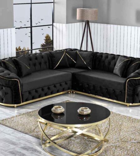 Khaleefa Chesterfield Corner Sofa – Luxury Black Velvet & Gold