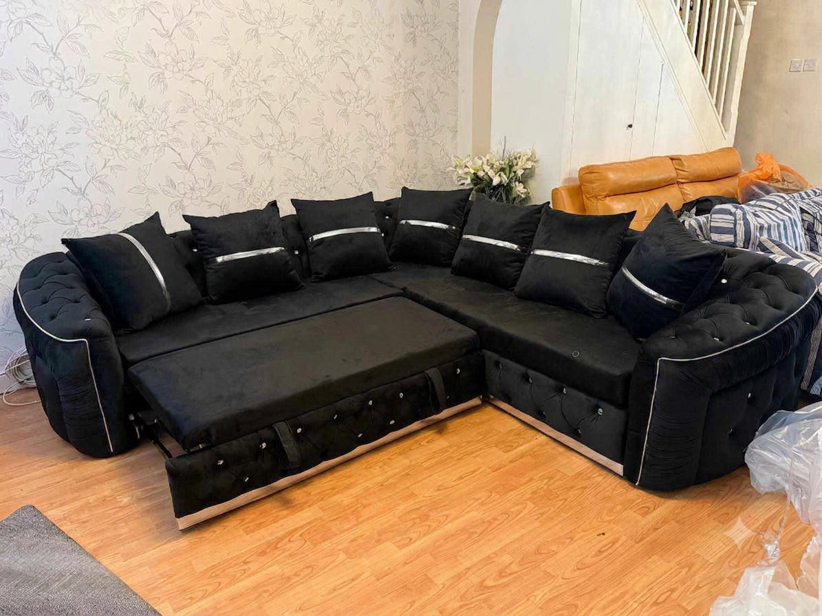 Khalifa Chesterfield Corner Sofa Bed Pull Out – Black Velvet with Silver Stripes