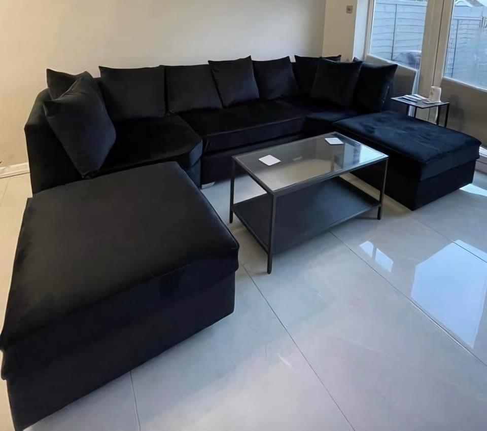 U Shape Sofa – Black Plush Velvet Sofa