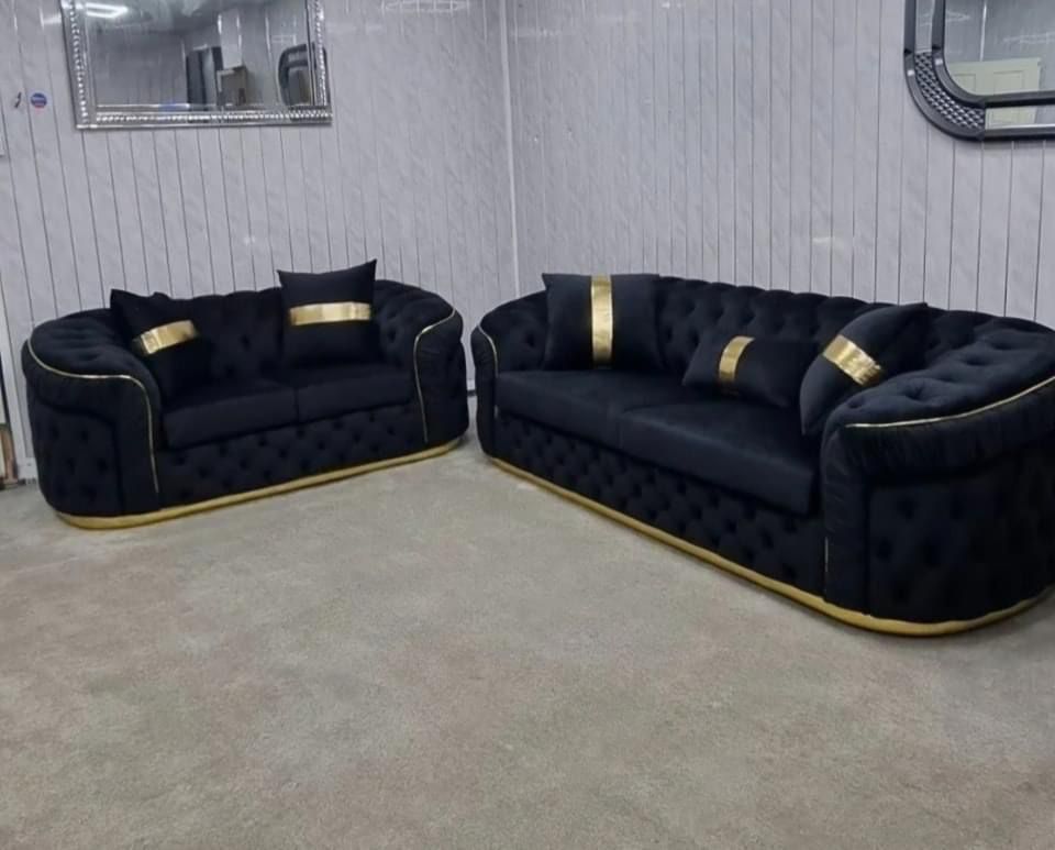 Khalifa Chesterfield Sofa Set Black (3+2 Seater) with Gold Stripes