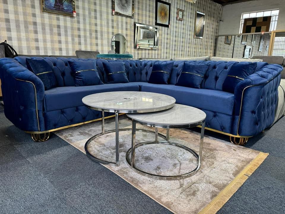 Khalifa Chesterfield Corner Sofa – Royal Blue Velvet with Gold Strips