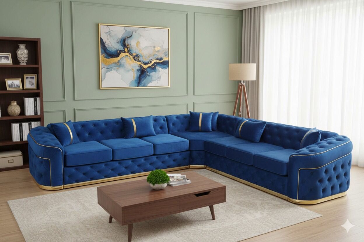 Khaleefa Royal Chesterfield Corner Sofa – Blue Velvet & Golden Stripes