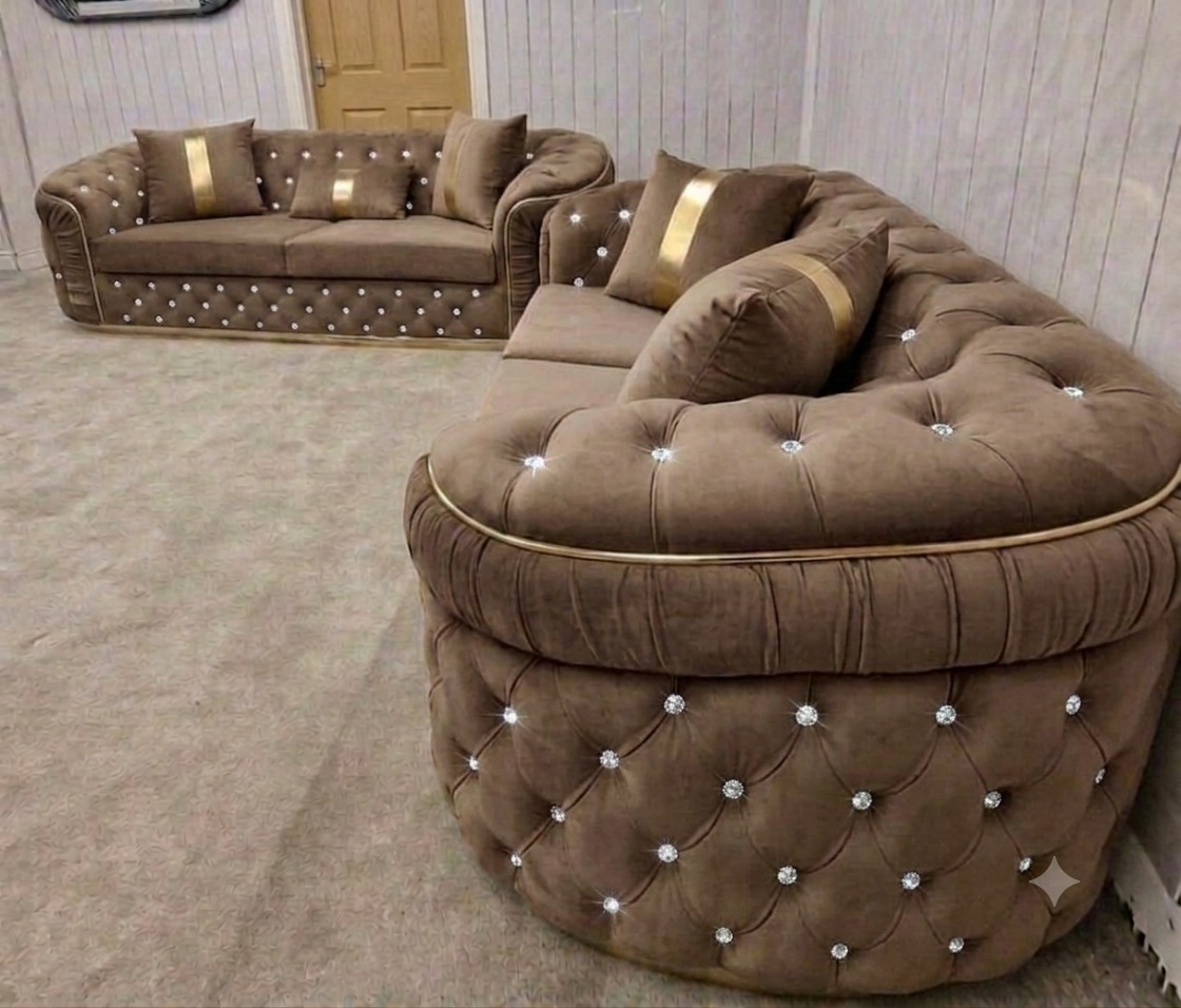 Khalifa Heritage Chesterfield Sofa – Mink with Golden Strips