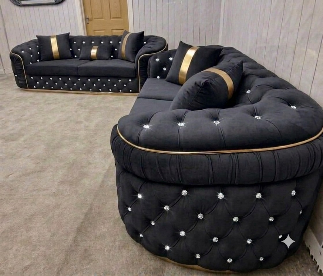 Khalifa Royale Chesterfield Sofa – Black with Gold Trim & Diamond Button Detailing - Image 3