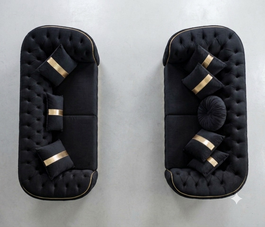 Khalifa Royale Chesterfield Sofa – Black with Gold Trim & Diamond Button Detailing - Image 2
