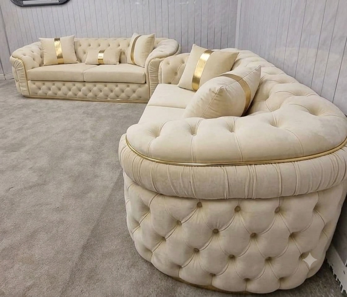 Khalifa Signature Chesterfield Sofa – Cream with Golden Strips - Image 3