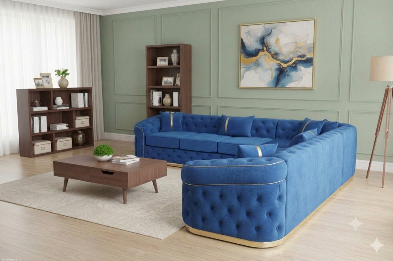 Khalifa Imperial Blue Corner Chesterfield Sofa with Silver Accents - Image 3