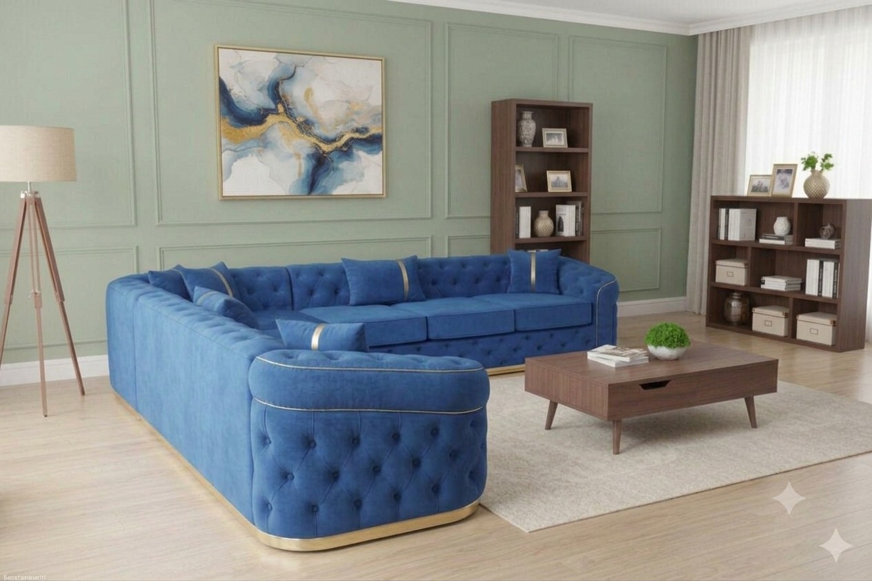 Khalifa Imperial Blue Corner Chesterfield Sofa with Silver Accents - Image 2