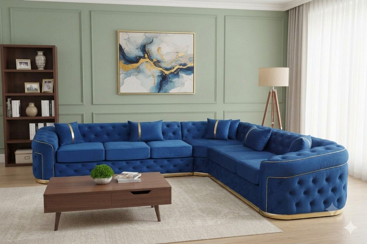 Khalifa Imperial Blue Corner Chesterfield Sofa with Silver Accents