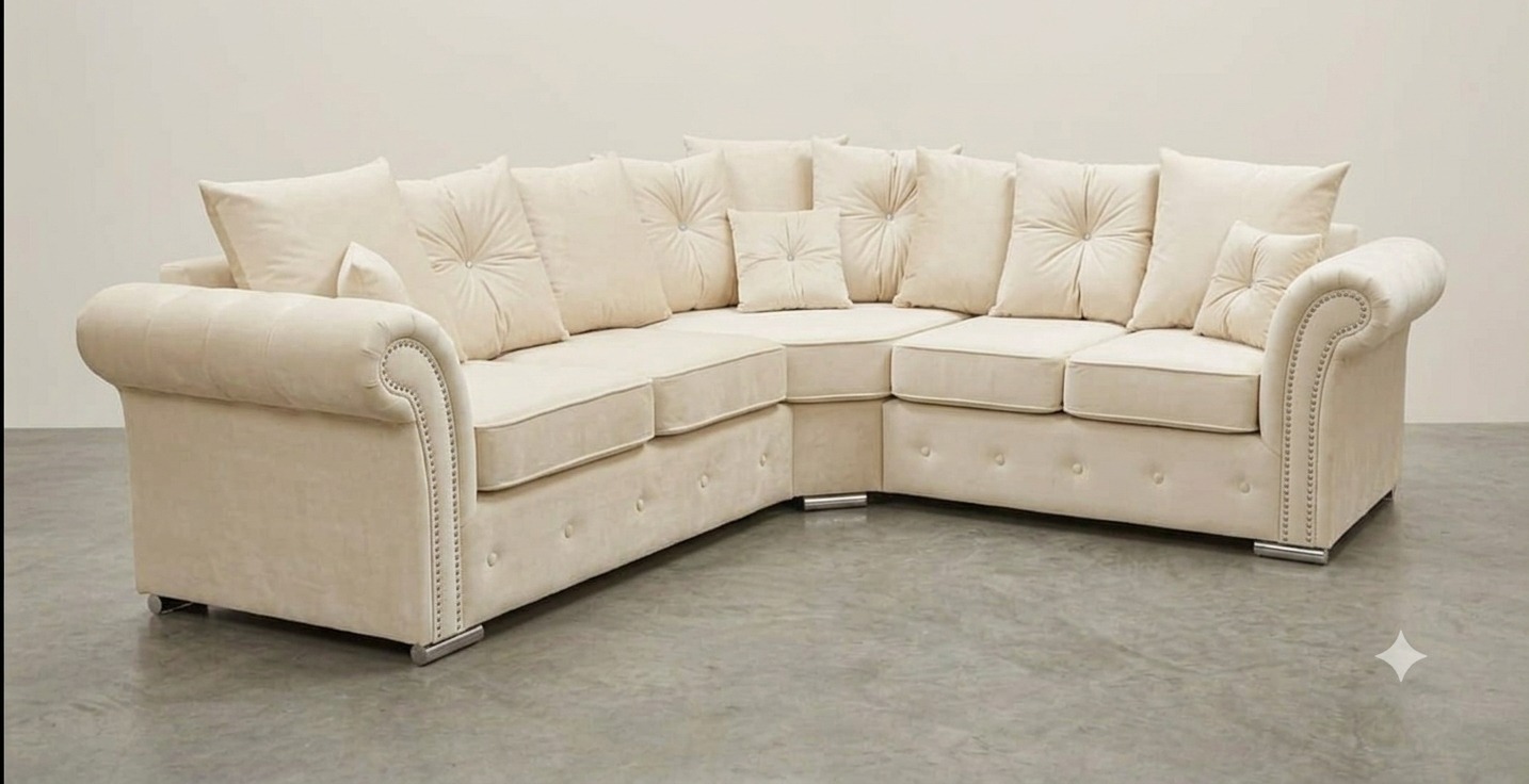 Marylin Corner Sofa – Ivory with Diamond Button Detailing