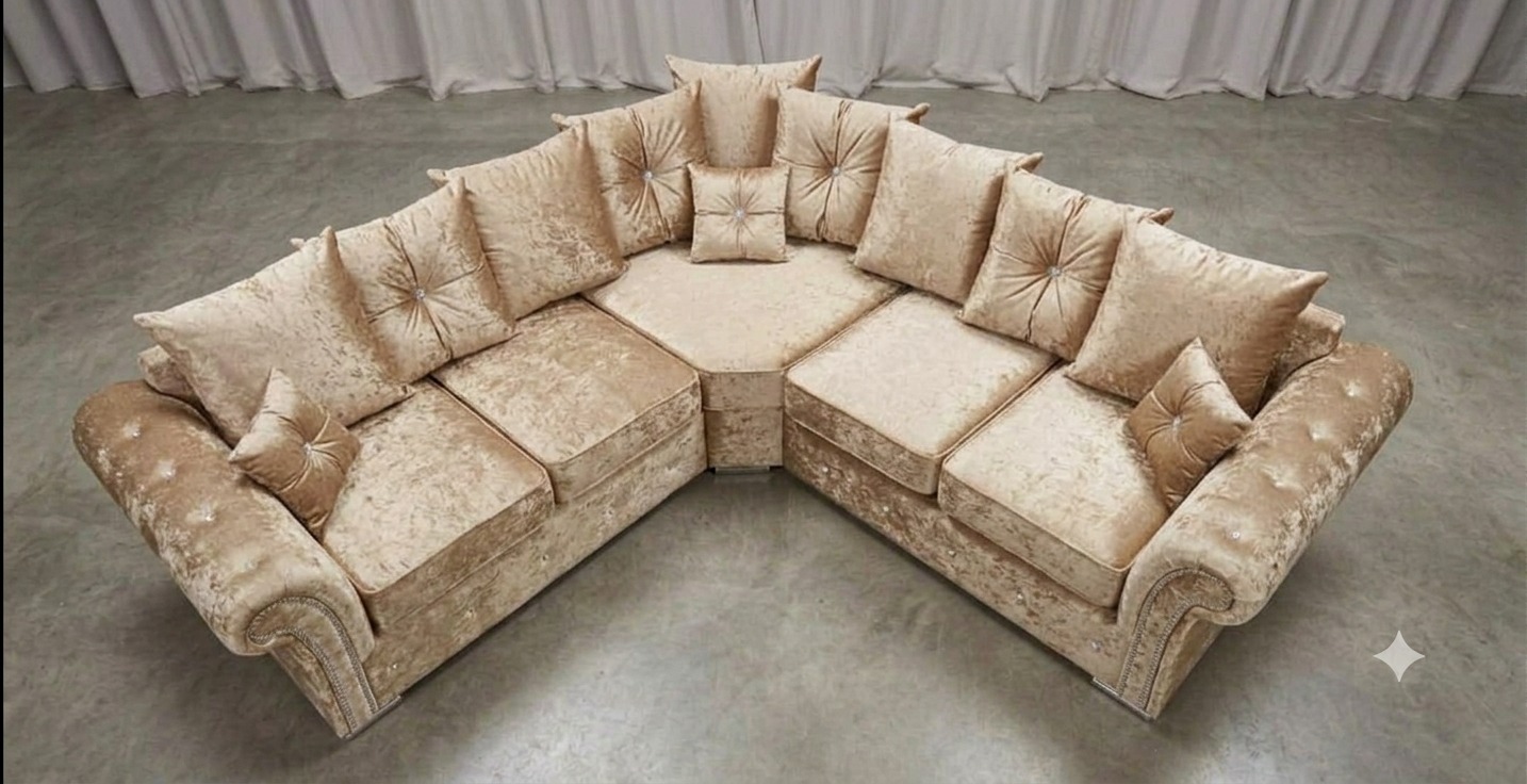 Marylin Corner Sofa – Champagne with Diamond Button Detailing