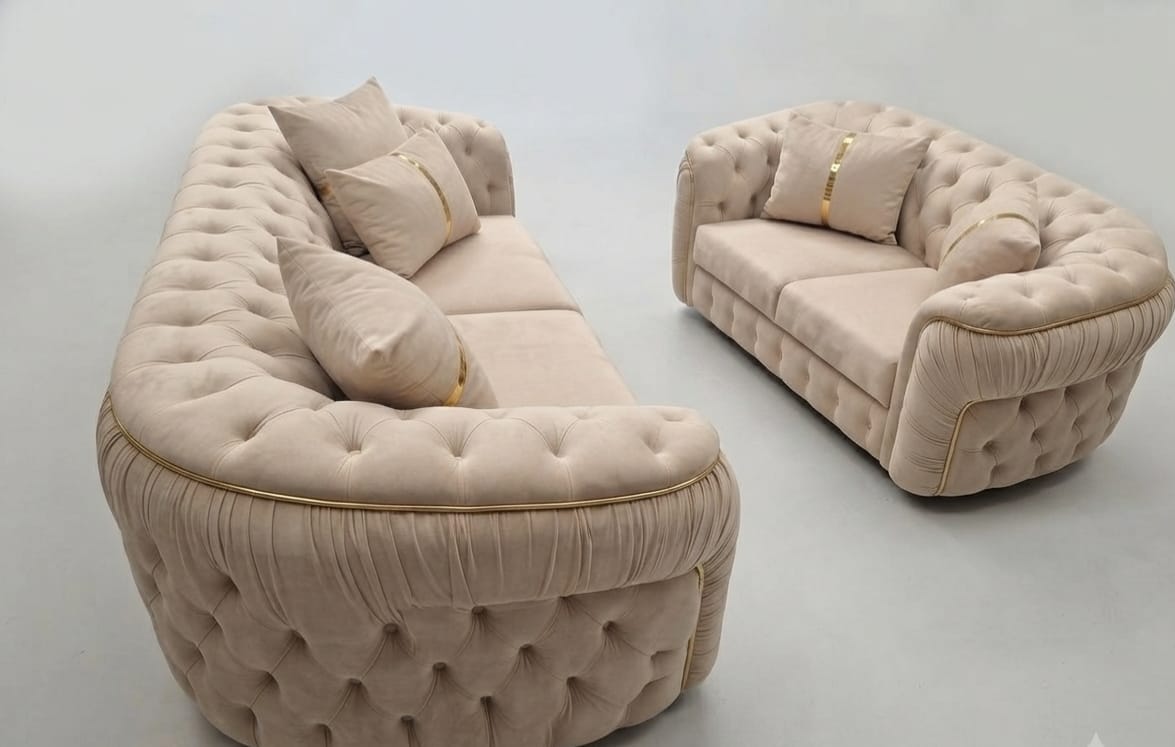 Khaleefa Chesterfield Sofa Set – Luxury Beige Velvet & Gold Stripes - Image 2