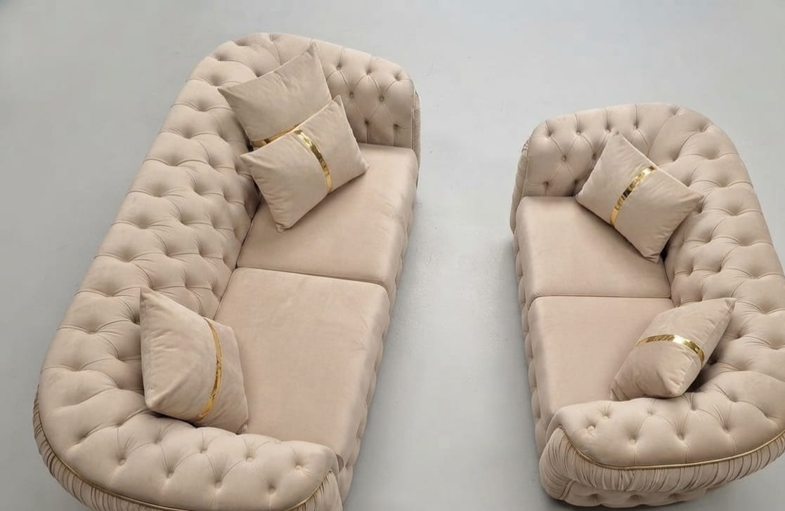 Khaleefa Chesterfield Sofa Set – Luxury Beige Velvet & Gold Stripes - Image 3