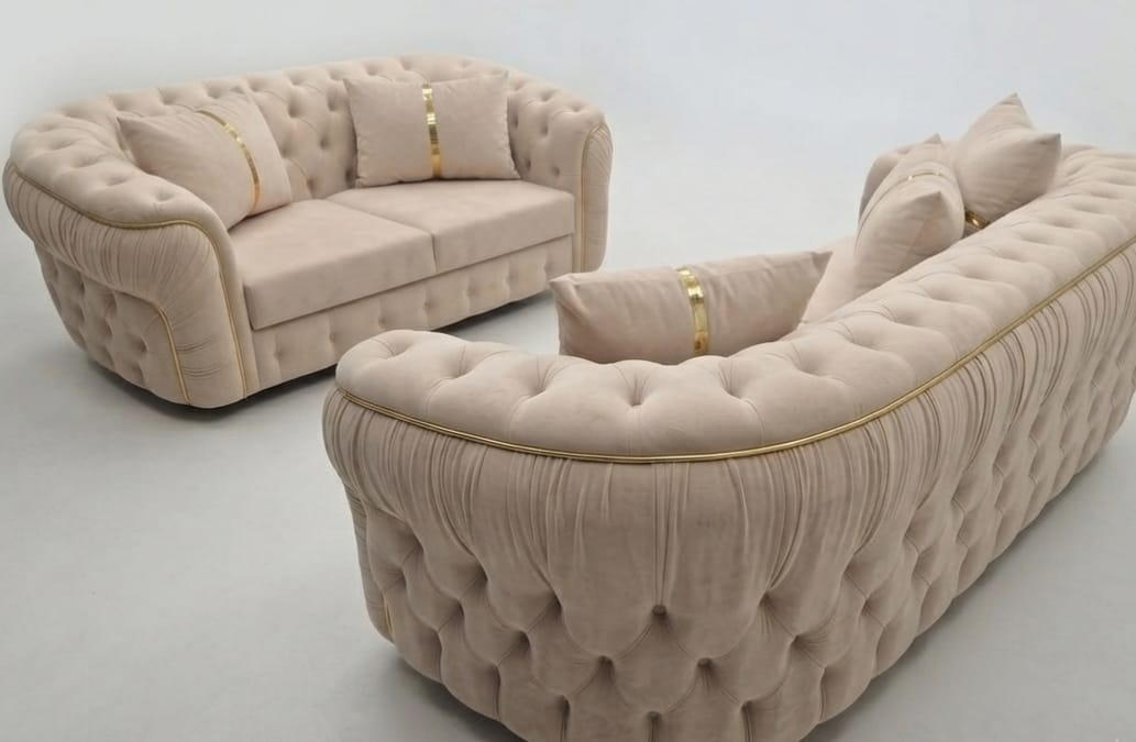 Khaleefa Chesterfield Sofa Set – Luxury Beige Velvet & Gold Stripes - Image 4