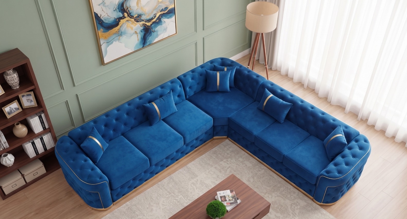 Khaleefa Royal Chesterfield Corner Sofa – Blue Velvet & Golden Stripes - Image 2