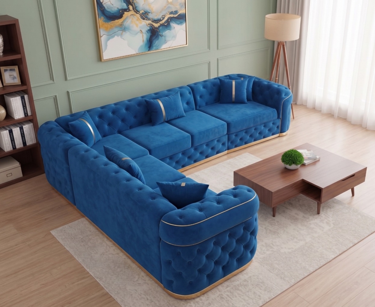 Khaleefa Royal Chesterfield Corner Sofa – Blue Velvet & Golden Stripes - Image 3