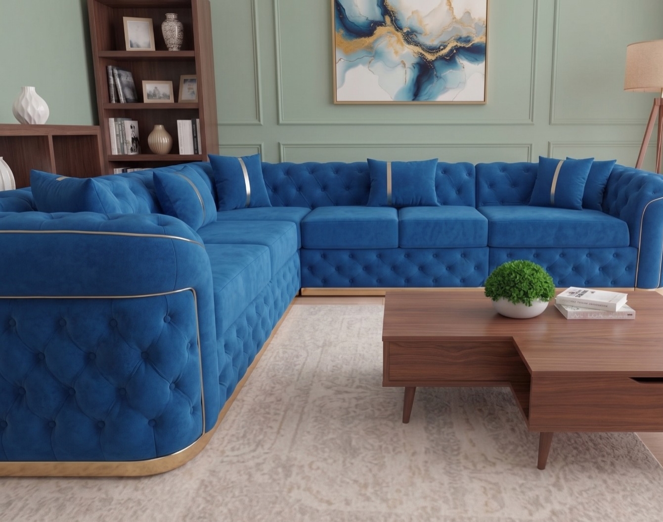 Khaleefa Royal Chesterfield Corner Sofa – Blue Velvet & Golden Stripes - Image 4