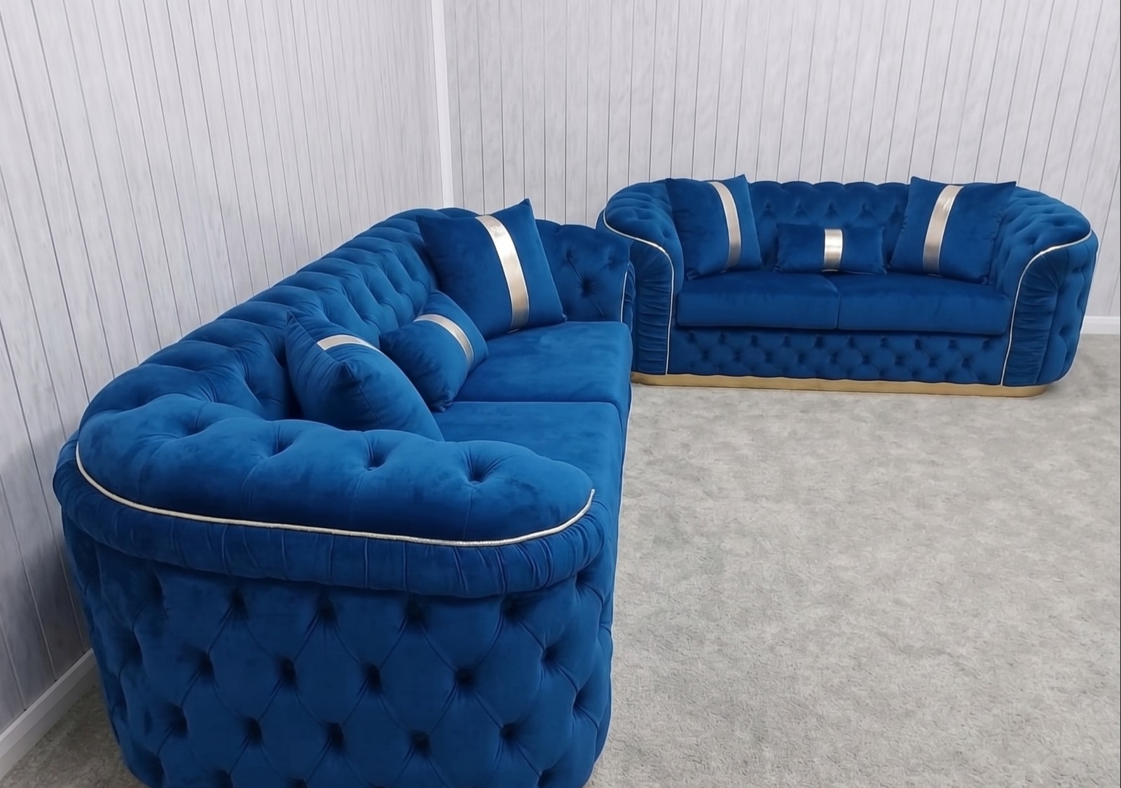 Khalifa Chesterfield 3+2 Seater Sofa Set –Blue Velvet - Image 2