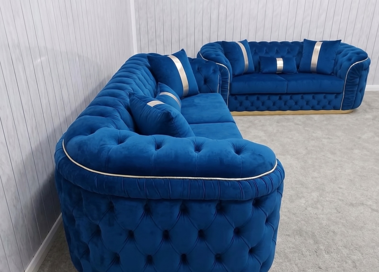 Khalifa Chesterfield 3+2 Seater Sofa Set –Blue Velvet - Image 3