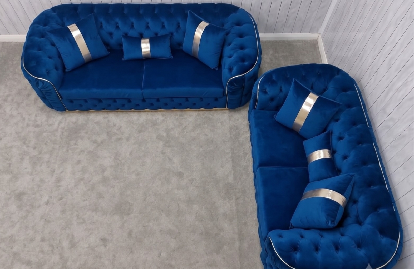 Khalifa Chesterfield 3+2 Seater Sofa Set –Blue Velvet - Image 4