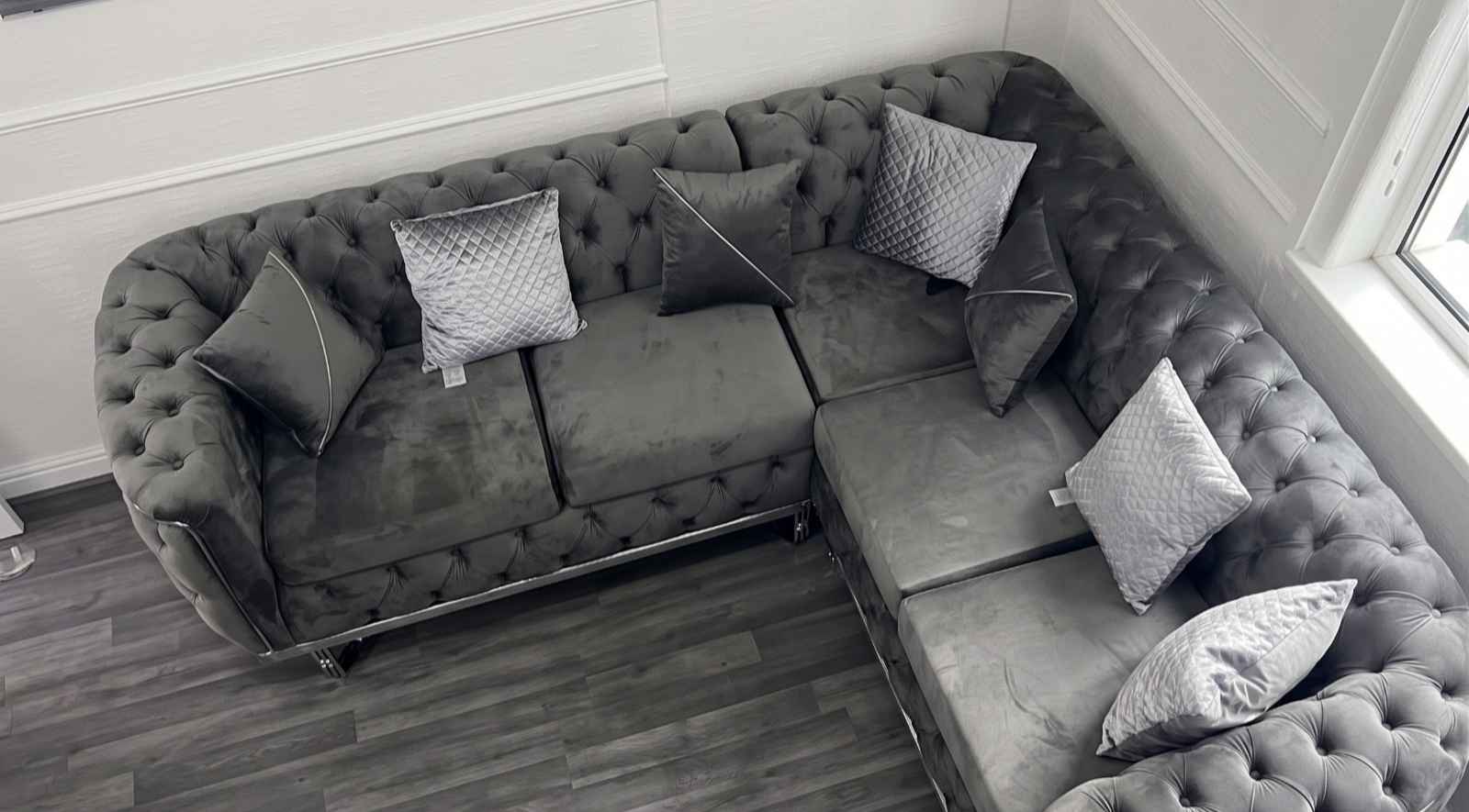 Khalifa Chesterfield Corner Sofa – Dark Grey Velvet - Image 2