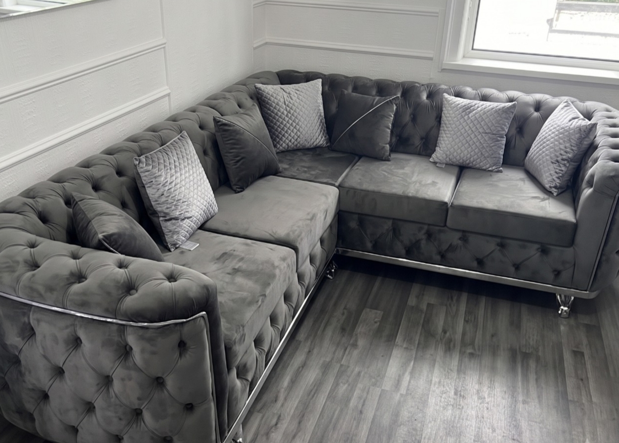 Khalifa Chesterfield Corner Sofa – Dark Grey Velvet - Image 3