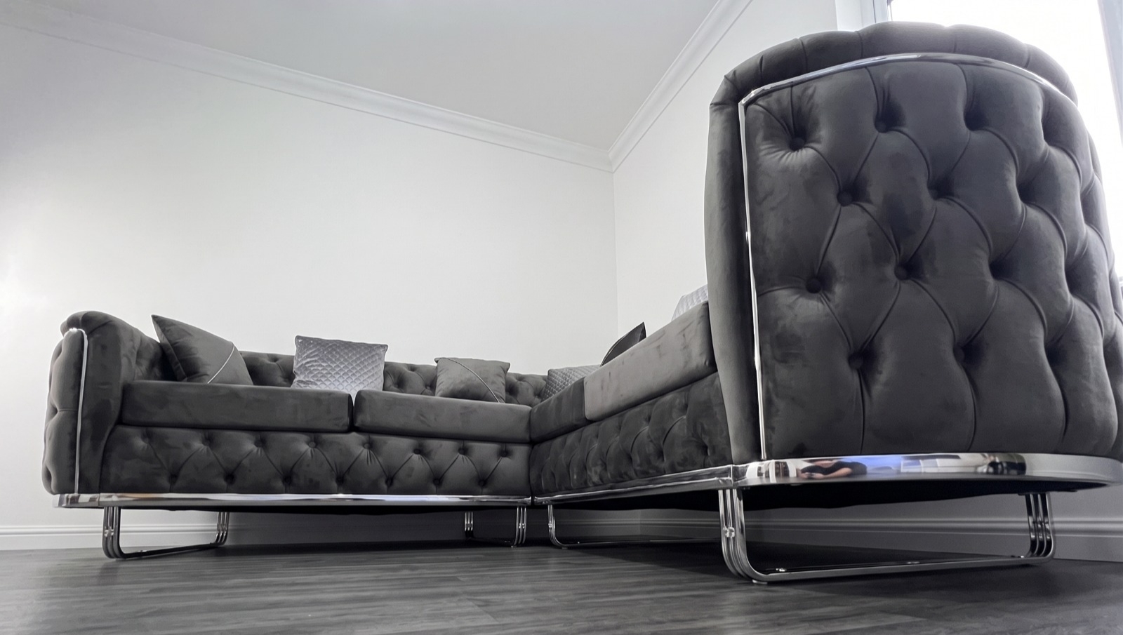 Khalifa Chesterfield Corner Sofa – Dark Grey Velvet - Image 4