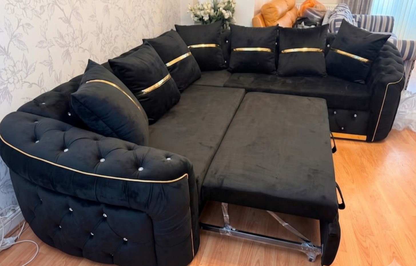 Khalifa Chesterfield Corner Sofa Bed Pull Out – Black Velvet with Golden Stripes - Image 2