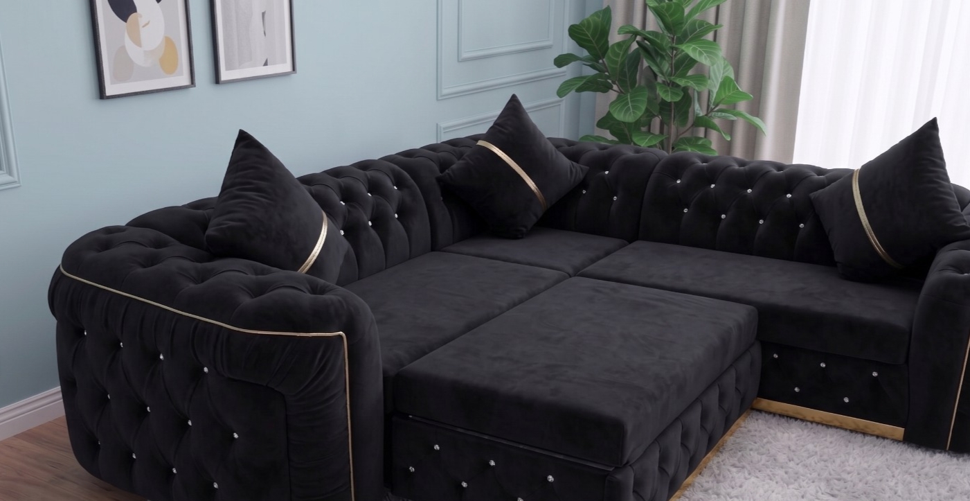 Khalifa Chesterfield Corner Sofa Bed Pull Out – Black Velvet with Golden Stripes - Image 3