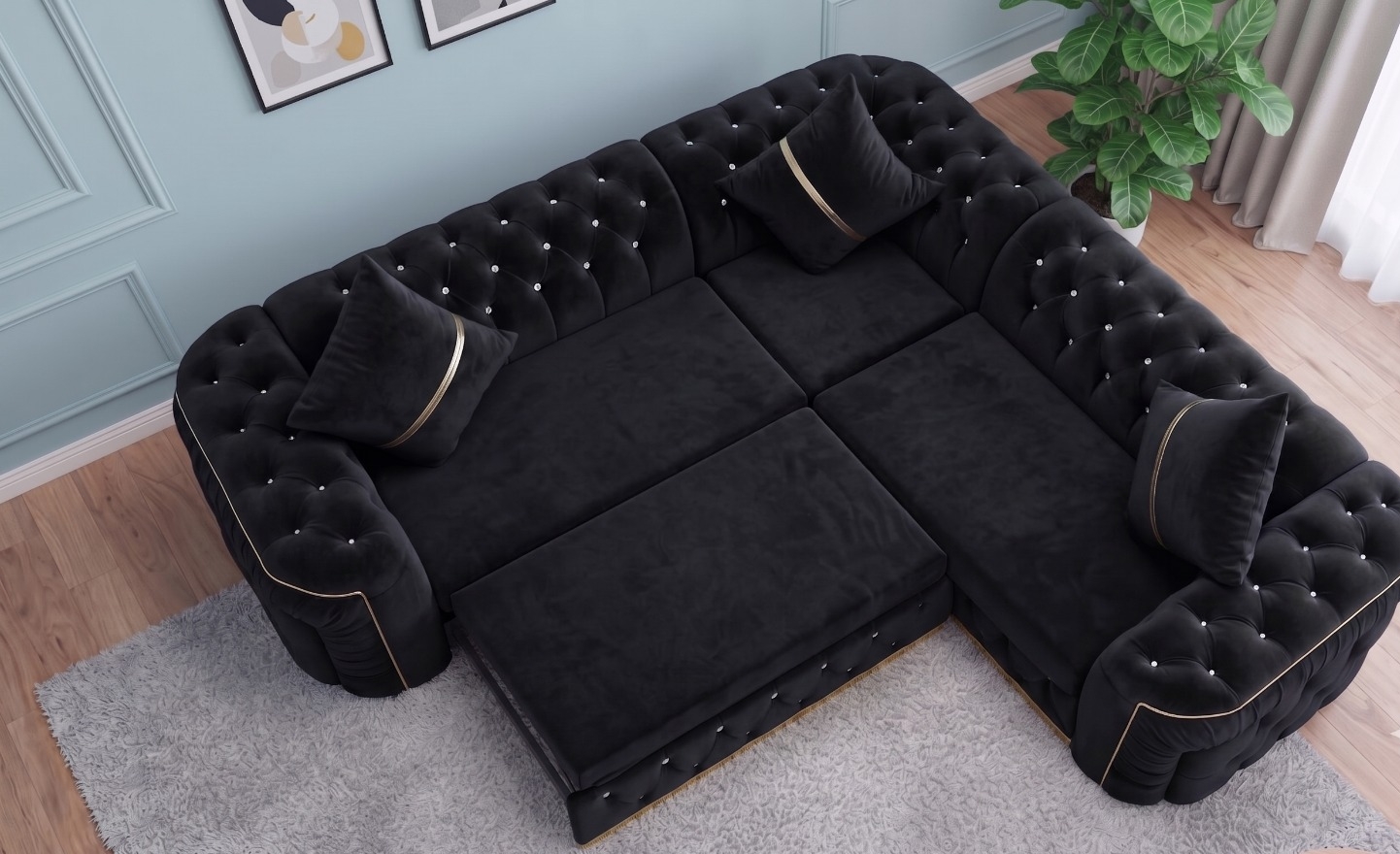 Khalifa Chesterfield Corner Sofa Bed Pull Out – Black Velvet with Golden Stripes - Image 4