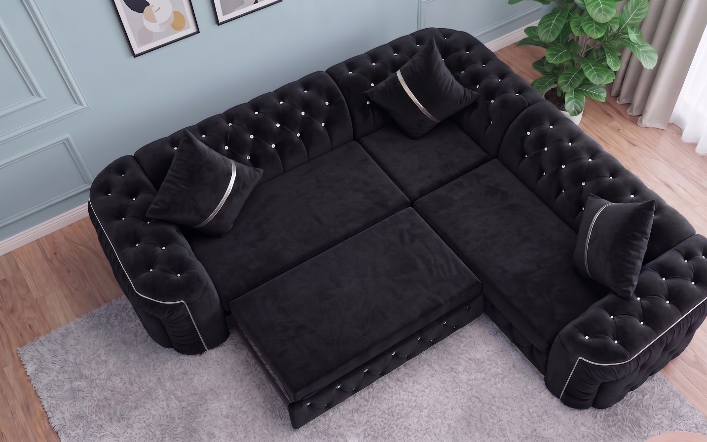 Khalifa Chesterfield Corner Sofa Bed Pull Out – Black Velvet with Silver Stripes - Image 2