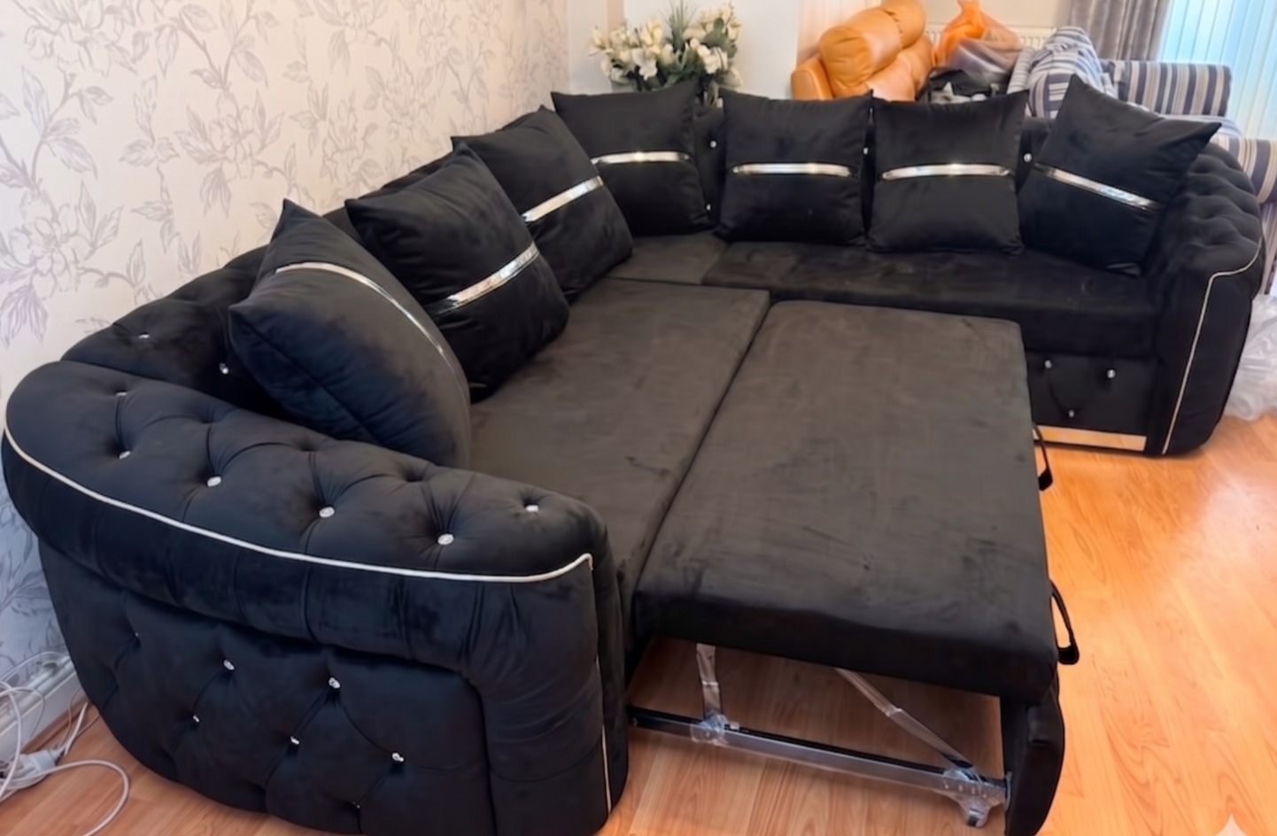 Khalifa Chesterfield Corner Sofa Bed Pull Out – Black Velvet with Silver Stripes - Image 3