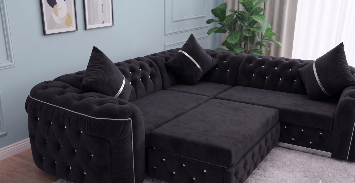 Khalifa Chesterfield Corner Sofa Bed Pull Out – Black Velvet with Silver Stripes - Image 4