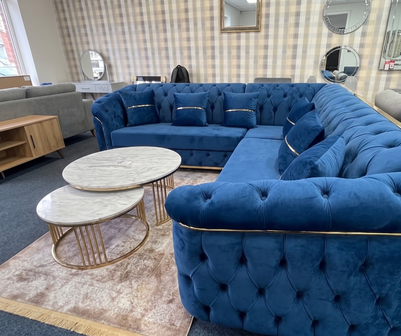 Khalifa Chesterfield Corner Sofa – Royal Blue Velvet with Gold Strips - Image 2