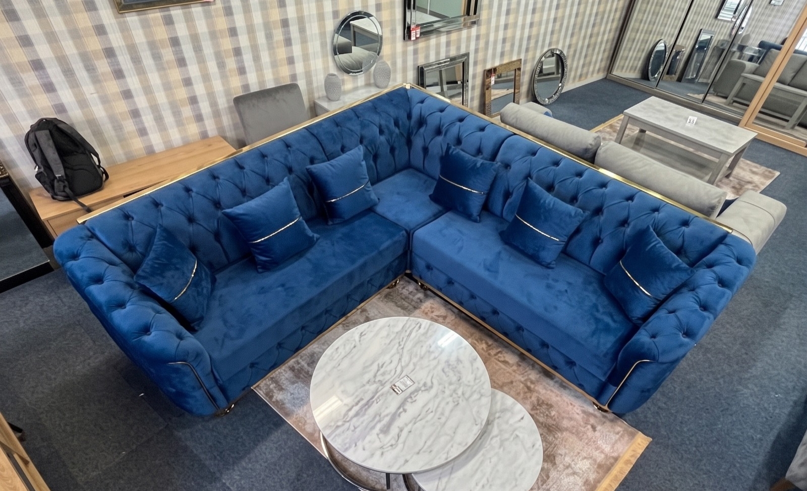 Khalifa Chesterfield Corner Sofa – Royal Blue Velvet with Gold Strips - Image 3