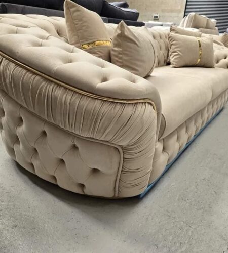 Khaleefa Chesterfield Sofa Set – Luxury Beige Velvet & Gold