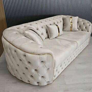 Khalifa Chesterfield Sofa Set Cream Velvet with Gold Trim