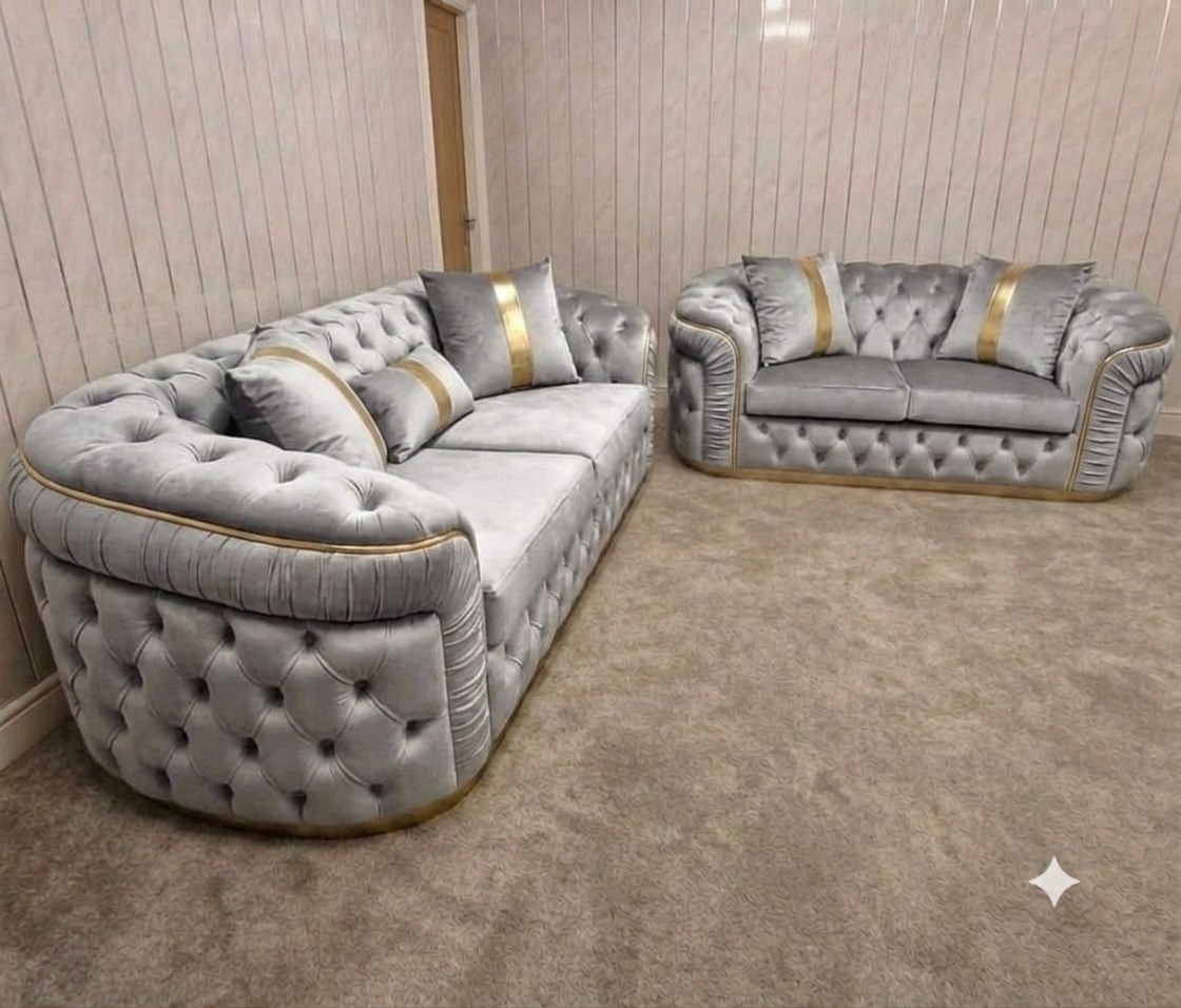 Khalifa Chesterfield Silver Sofa with Gold Accent Strips