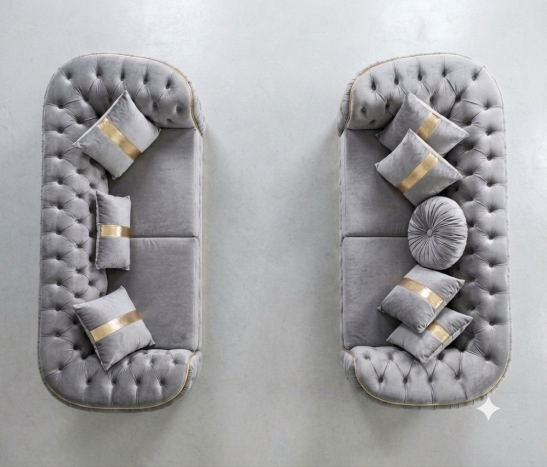 Khalifa Chesterfield Silver Sofa with Gold Accent Strips - Image 2